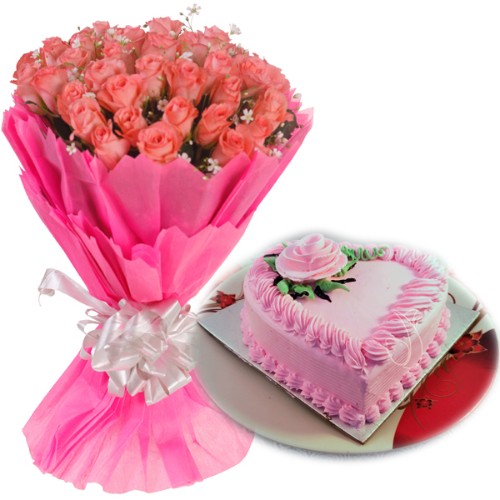 20 Pink Roses & 1kg Heartshape Cake
