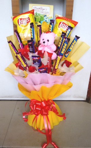 Cute Teddy And Chocolate Bouquet For Home Delivery in Noida