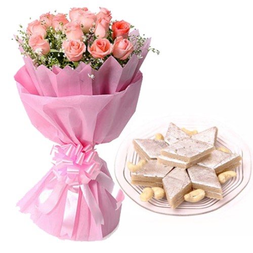 12 Pink Roses in Paper with 1/2kg Kaju Berfi
