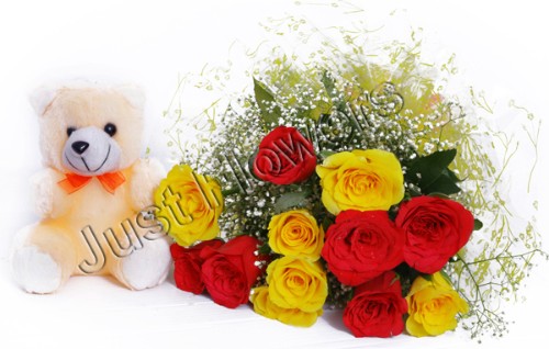 Red & Yellow Roses with Teddy
